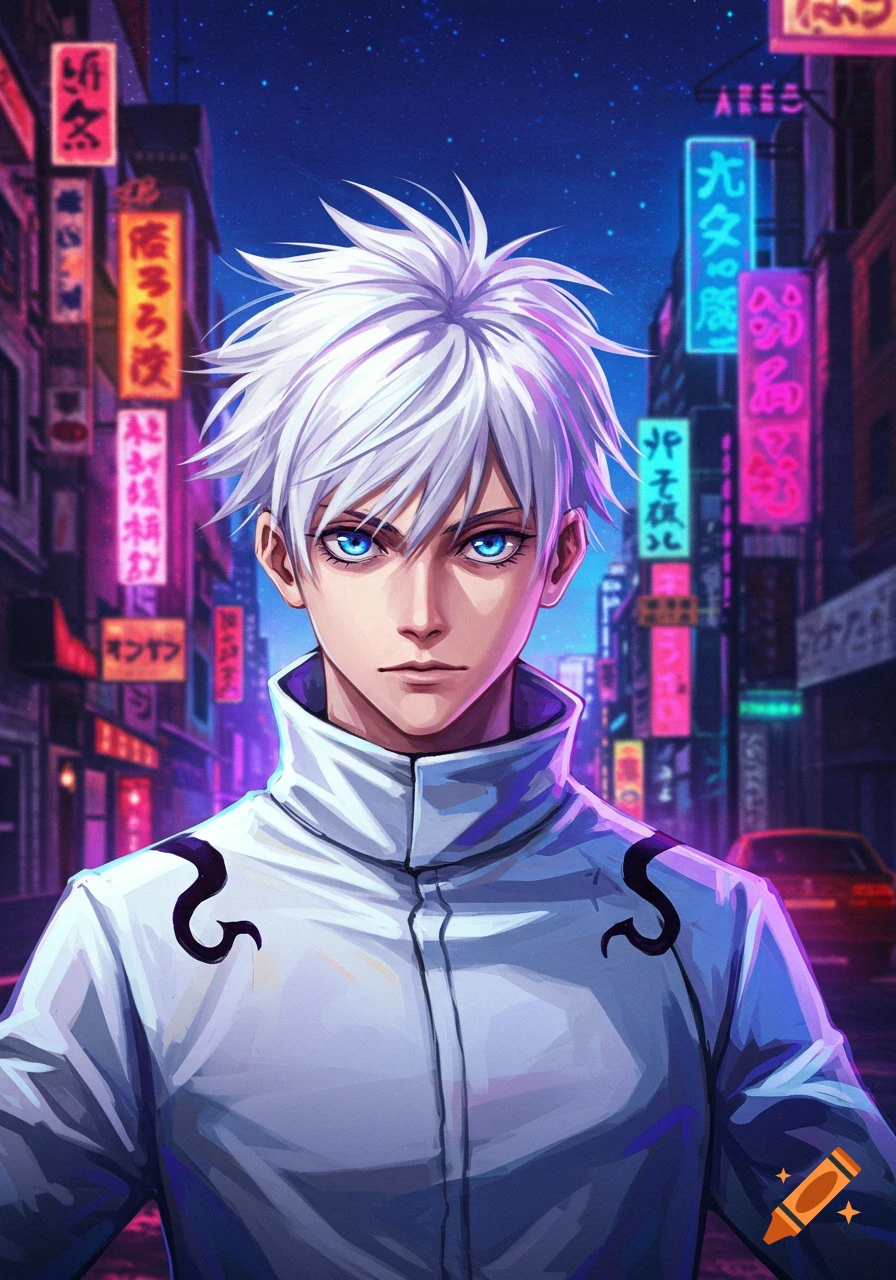 Anime man with white hair and blue eyes in a white jacket stands in a neon-lit city street at night.