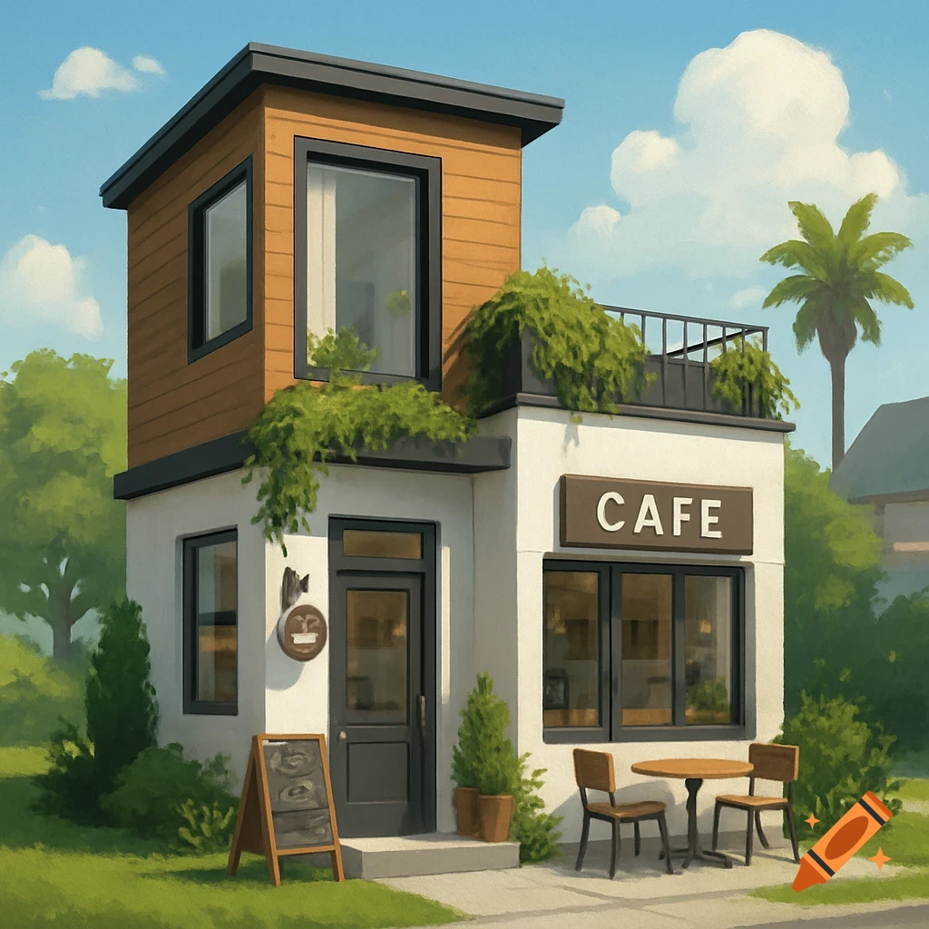 A modern tiny house and cafe combo building with outdoor seating.