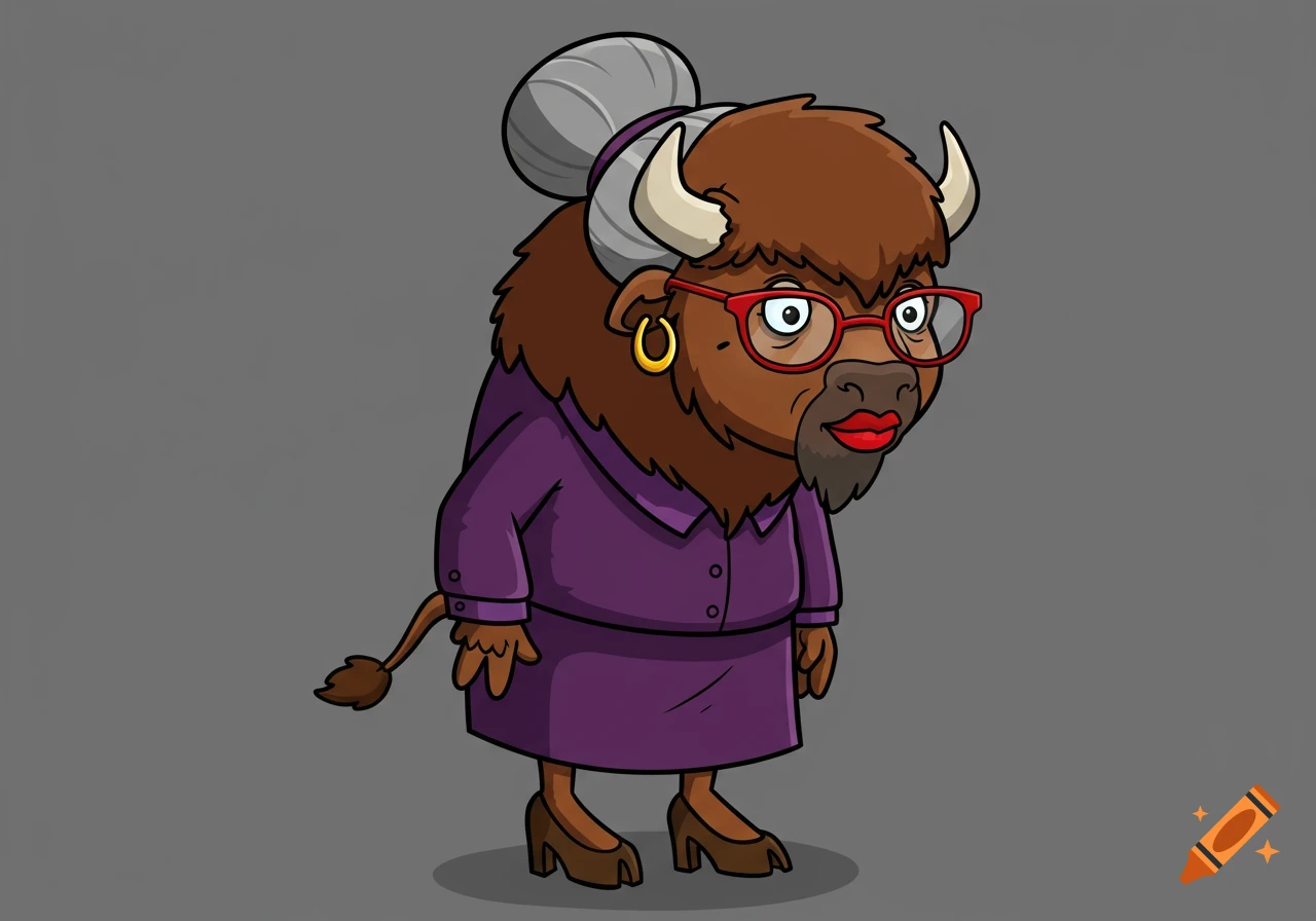A cartoon bison teacher wearing a purple suit, glasses, gold earrings, and a gray hair bun.