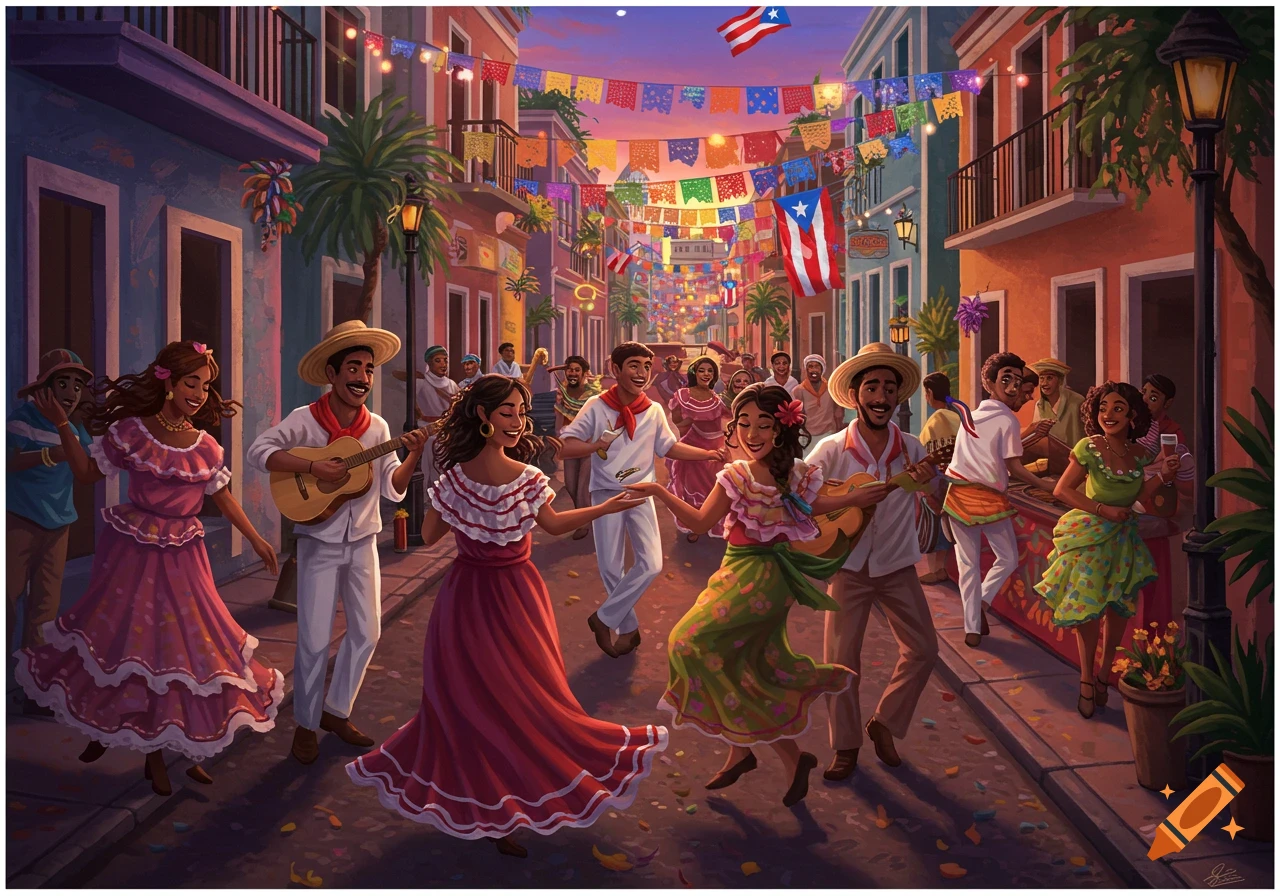 Painted scene of a street party with people dancing and playing music under festive decorations and Puerto Rican flags.