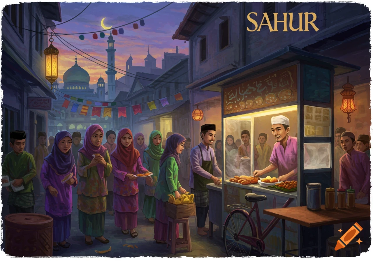 A street market scene at dusk or dawn, with people queuing at a food stall, a mosque and moon in the background. The word SAHUR appears at the top.
