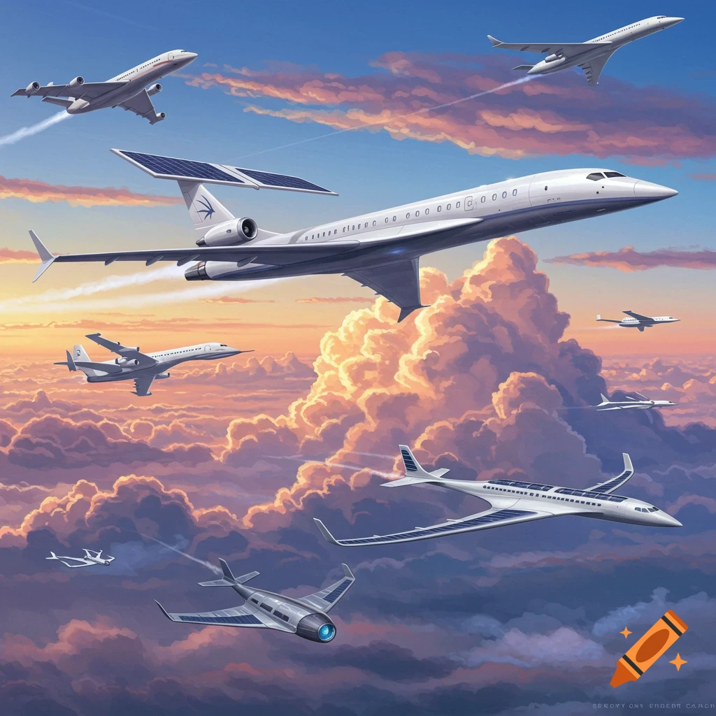 Several futuristic airplanes fly among pink and orange clouds at sunset in a digital art style.