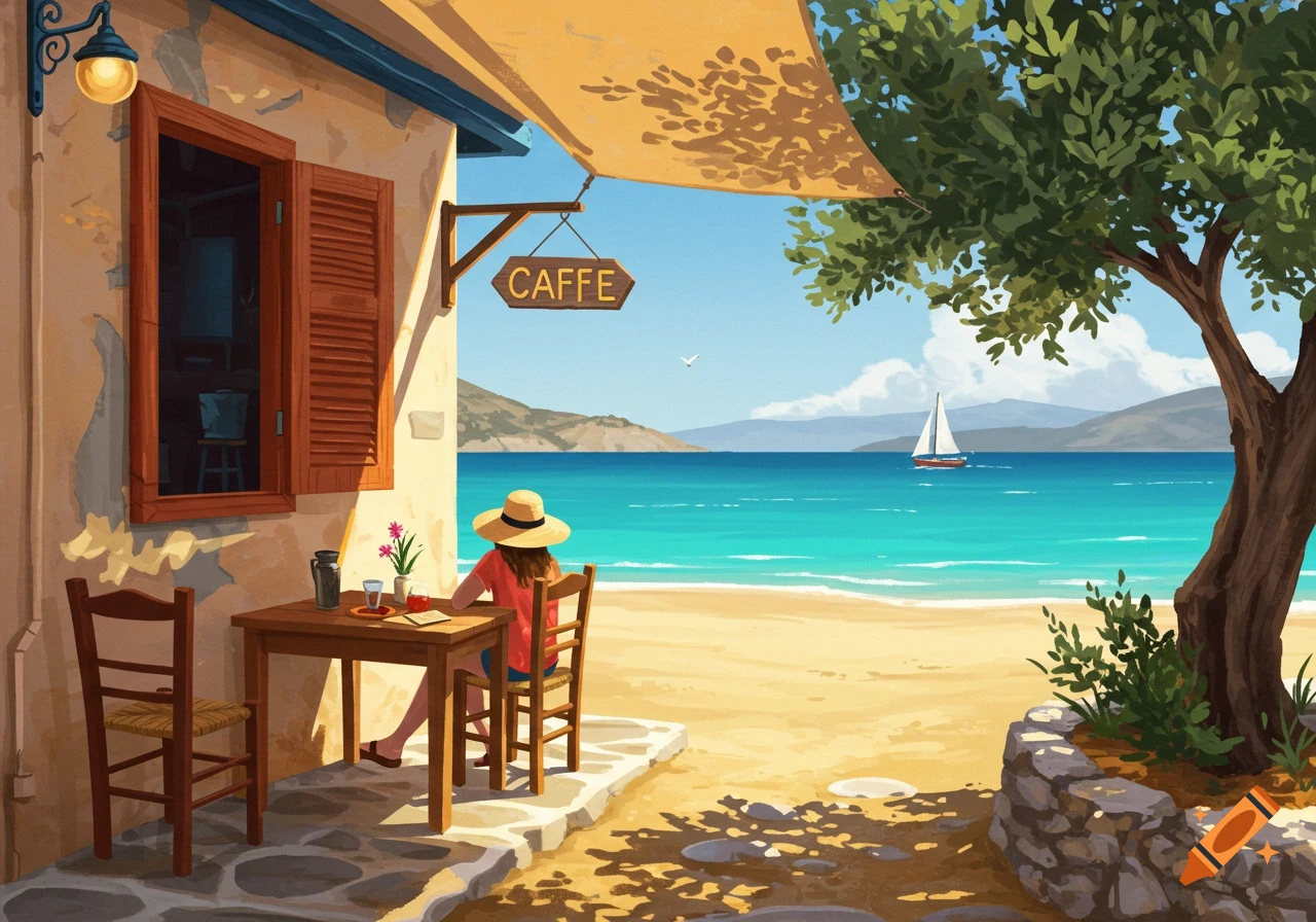 Illustration of a person sitting at a cafe table on a beach, looking out at the sea with a sailboat.