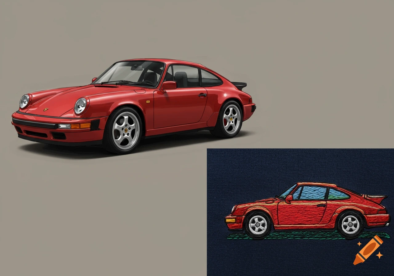 A realistic red Porsche car on grey beside a smaller embroidered version on blue