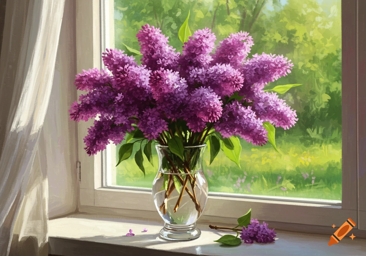 Purple lilacs in a glass vase on a sunlit windowsill, painted style on ...