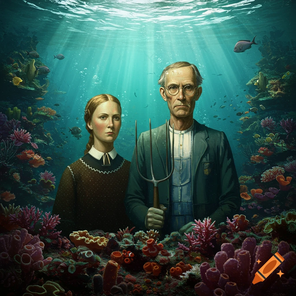 Man and woman from American Gothic underwater among coral reefs and fish.