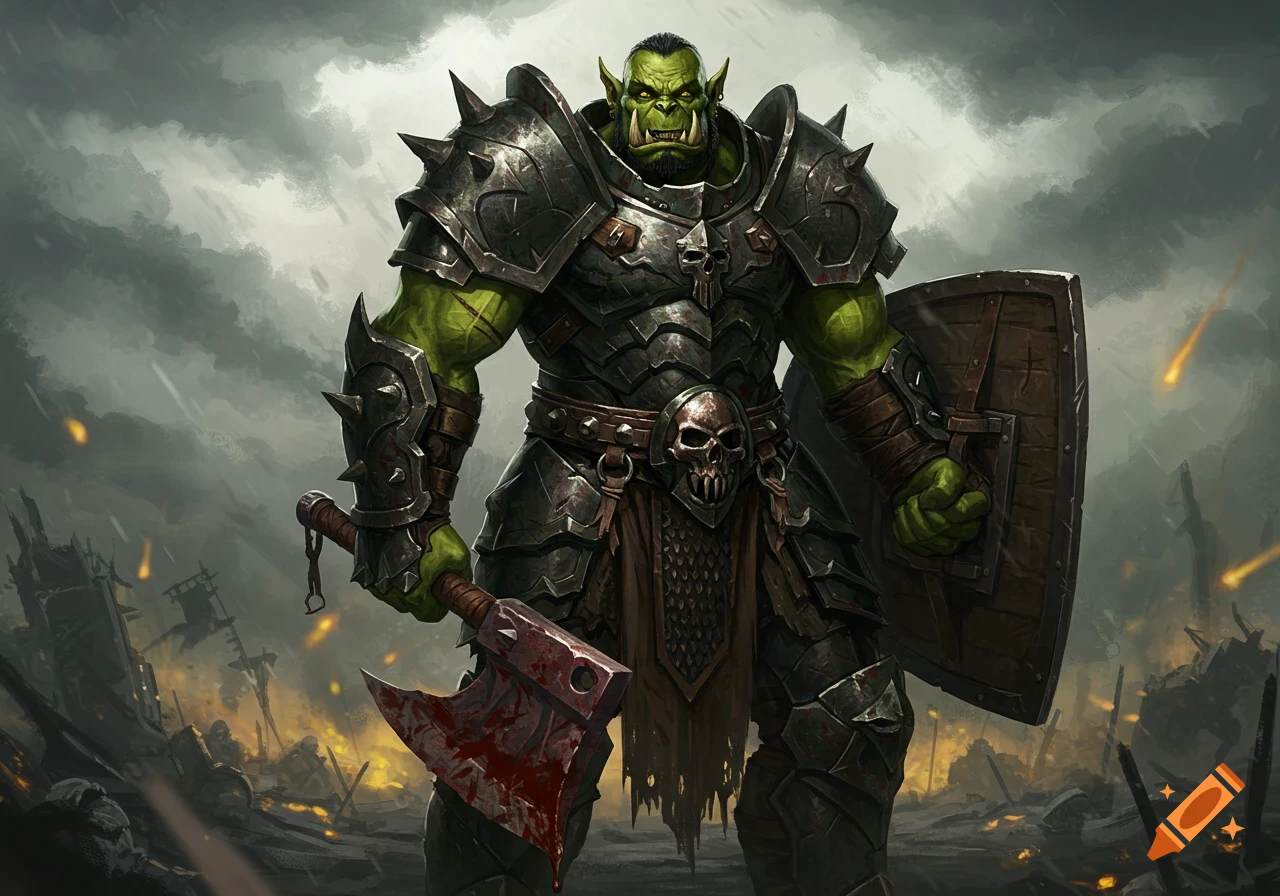 Green orc warrior in heavy armor with axe and shield on a battlefield, digital art style.