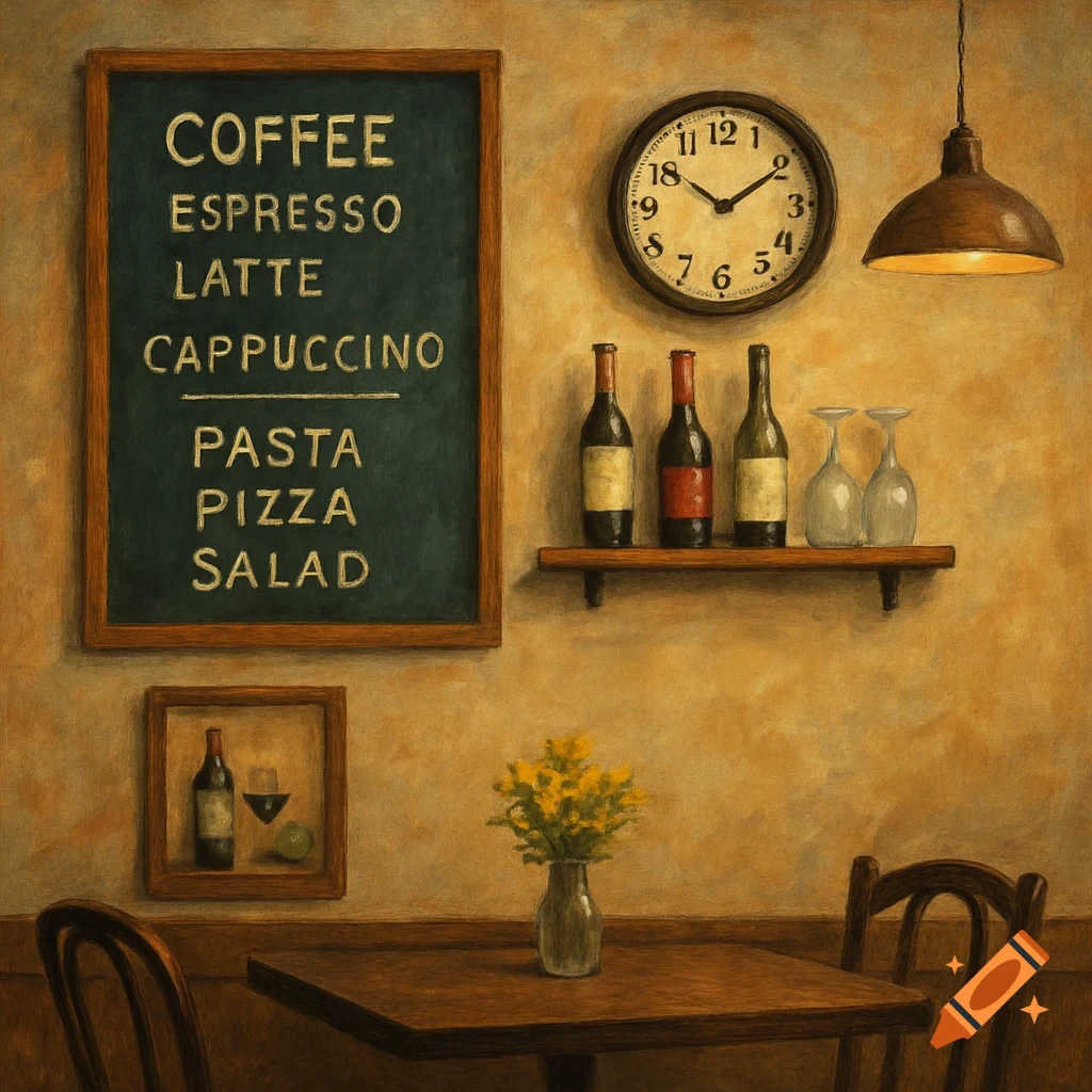 A painted scene of a cafe wall with a menu board, clock, bottles, glasses, a table, and chairs.