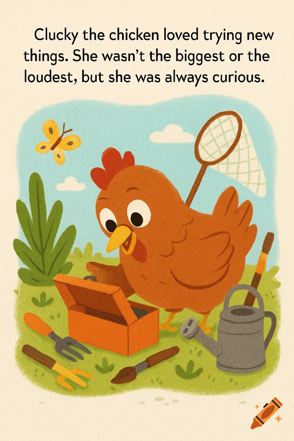 Children's book illustration of a cartoon chicken looking into a toolbox in a field.