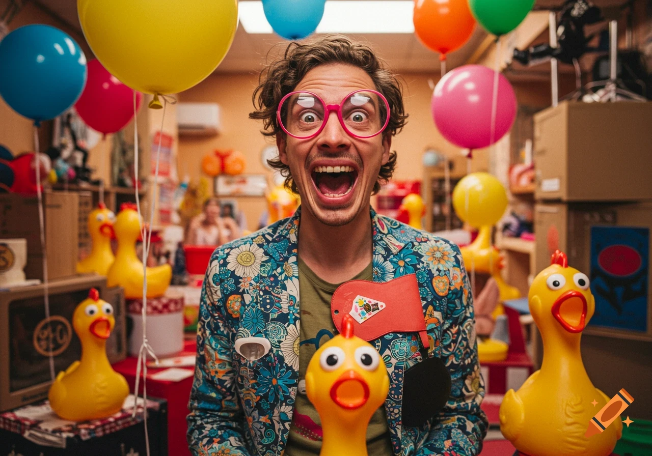 Man in glasses and floral jacket among balloons and rubber chickens with a surprised expression