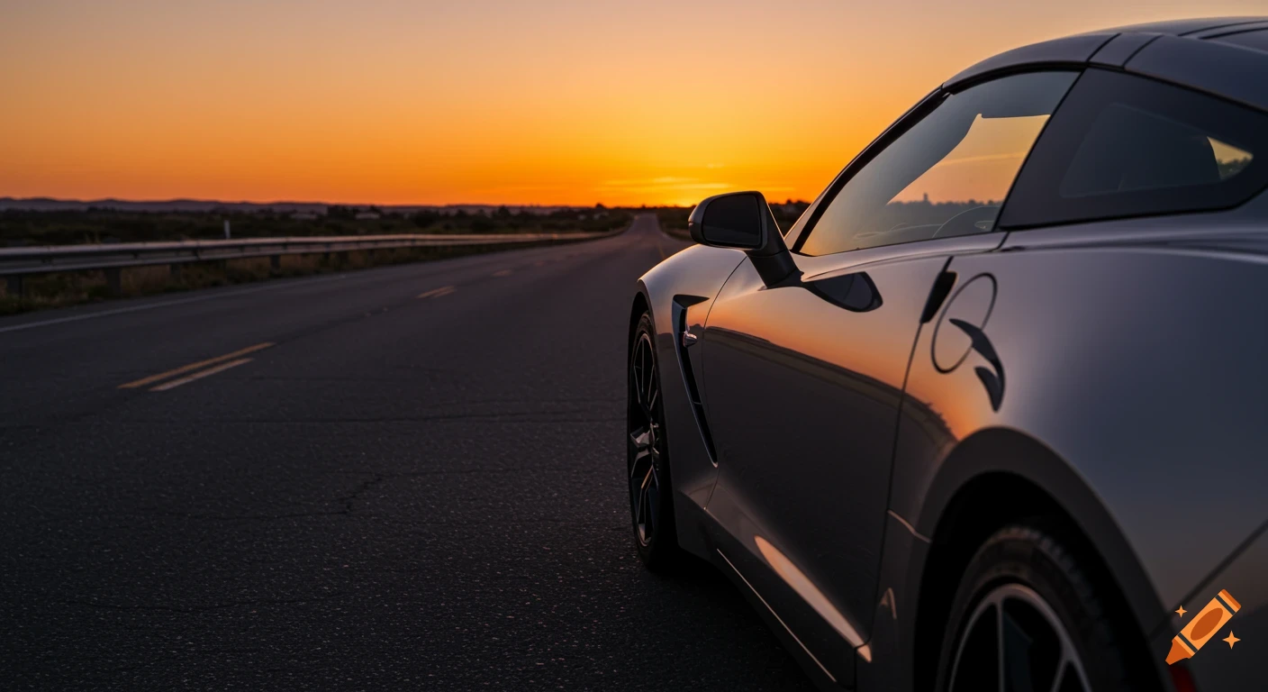 Close-up of a gray sports car parked on a road at sunset.