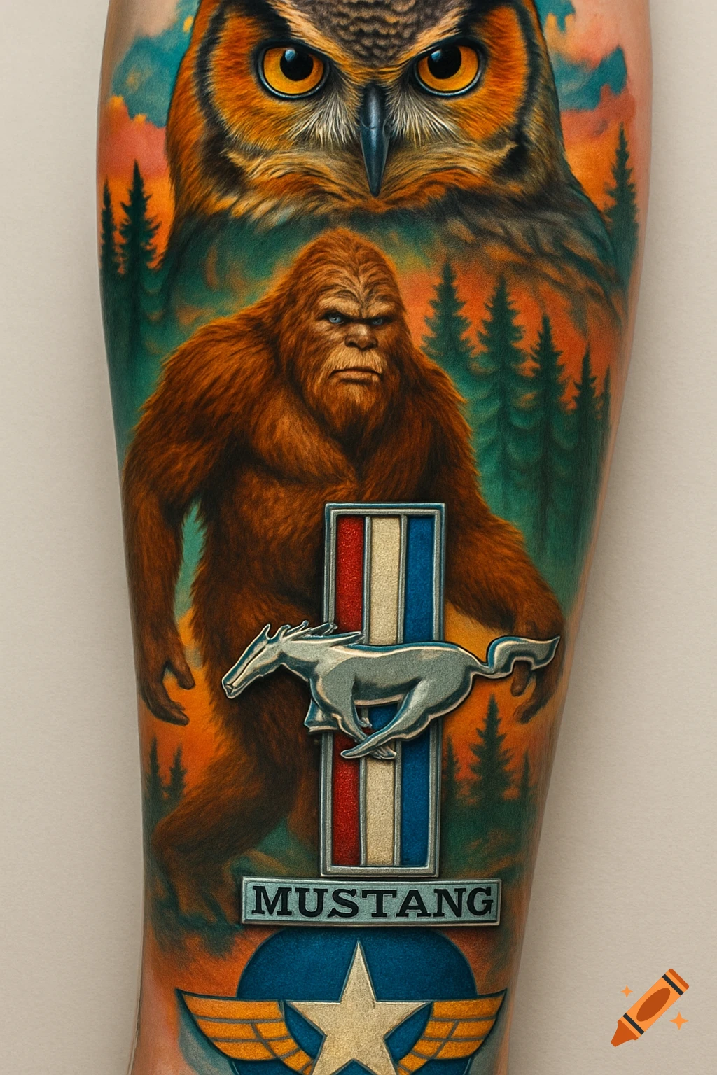 A tattoo sleeve with an owl, Bigfoot, Mustang emblem, and Air Force emblem.