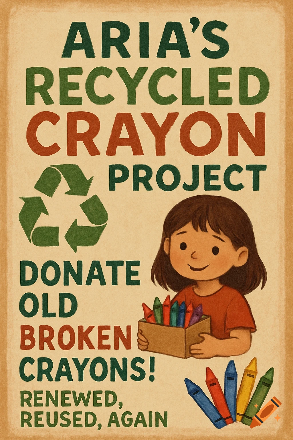 An illustration of a girl holding a box of crayons next to text about a recycled crayon project.