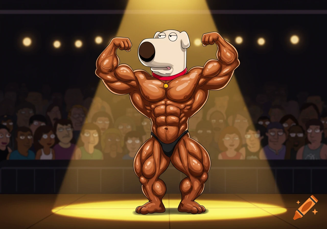 Brian from Family Guy poses on a bodybuilding stage in a 2D illustration.