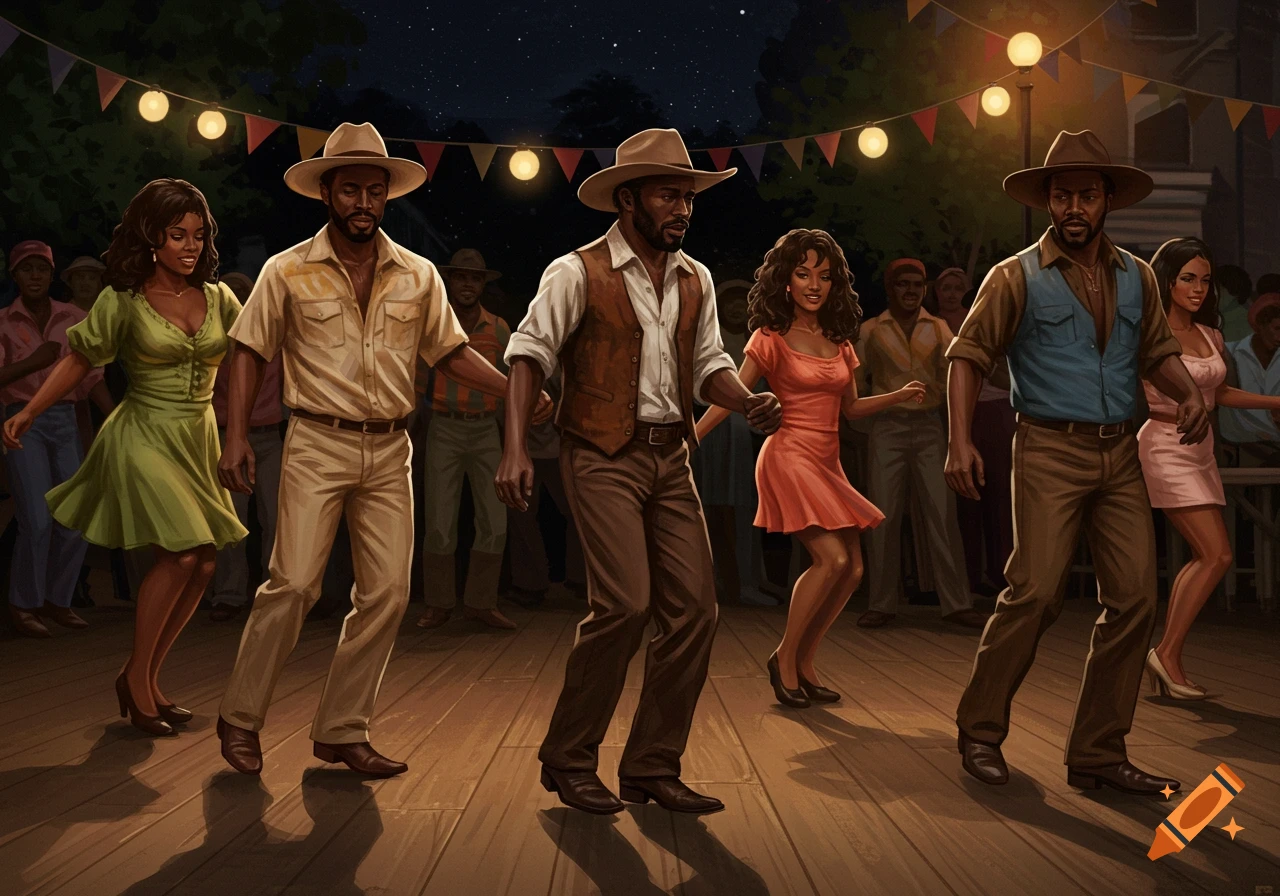 People line dancing outdoors at an evening party.