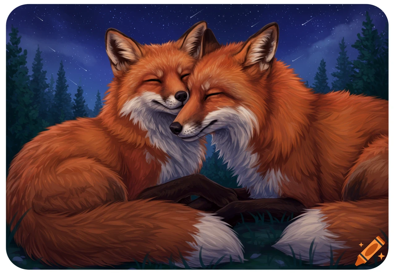 Two red foxes snuggle together under a starry night sky in a forest illustration.