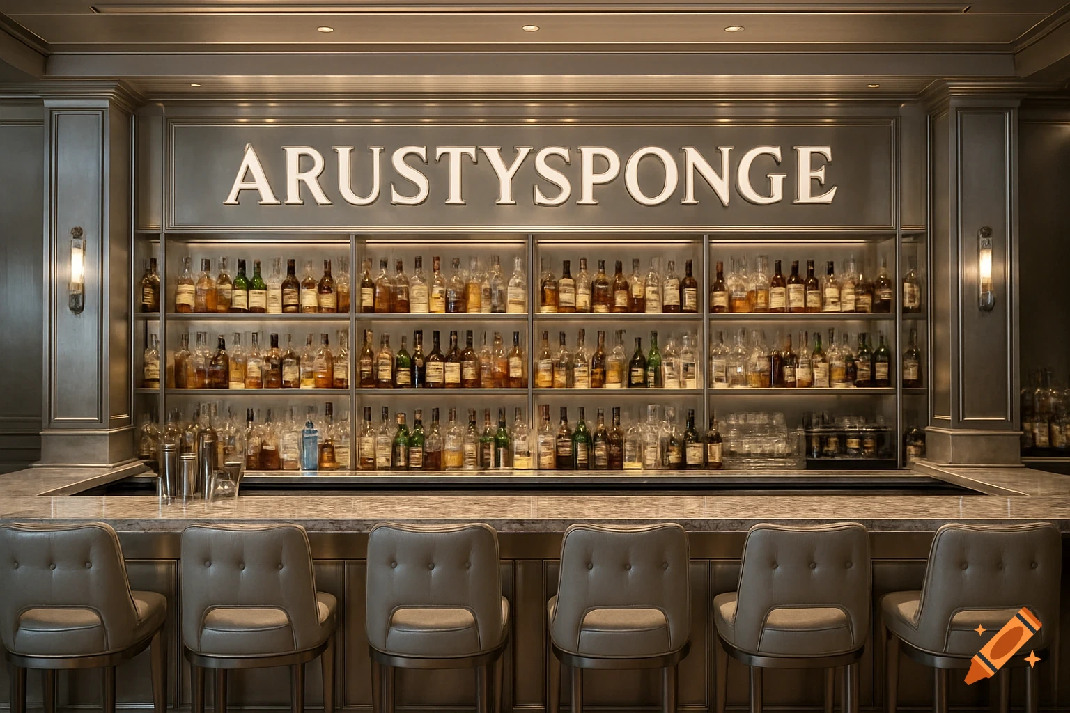 Interior view of a bar with shelves of bottles and stools.