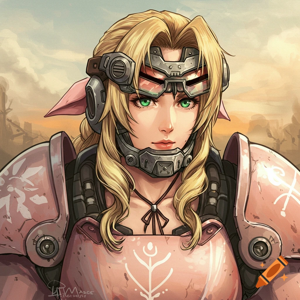 Anime portrait of Aerith from Final Fantasy VII in pink T-60 power armor from Fallout.