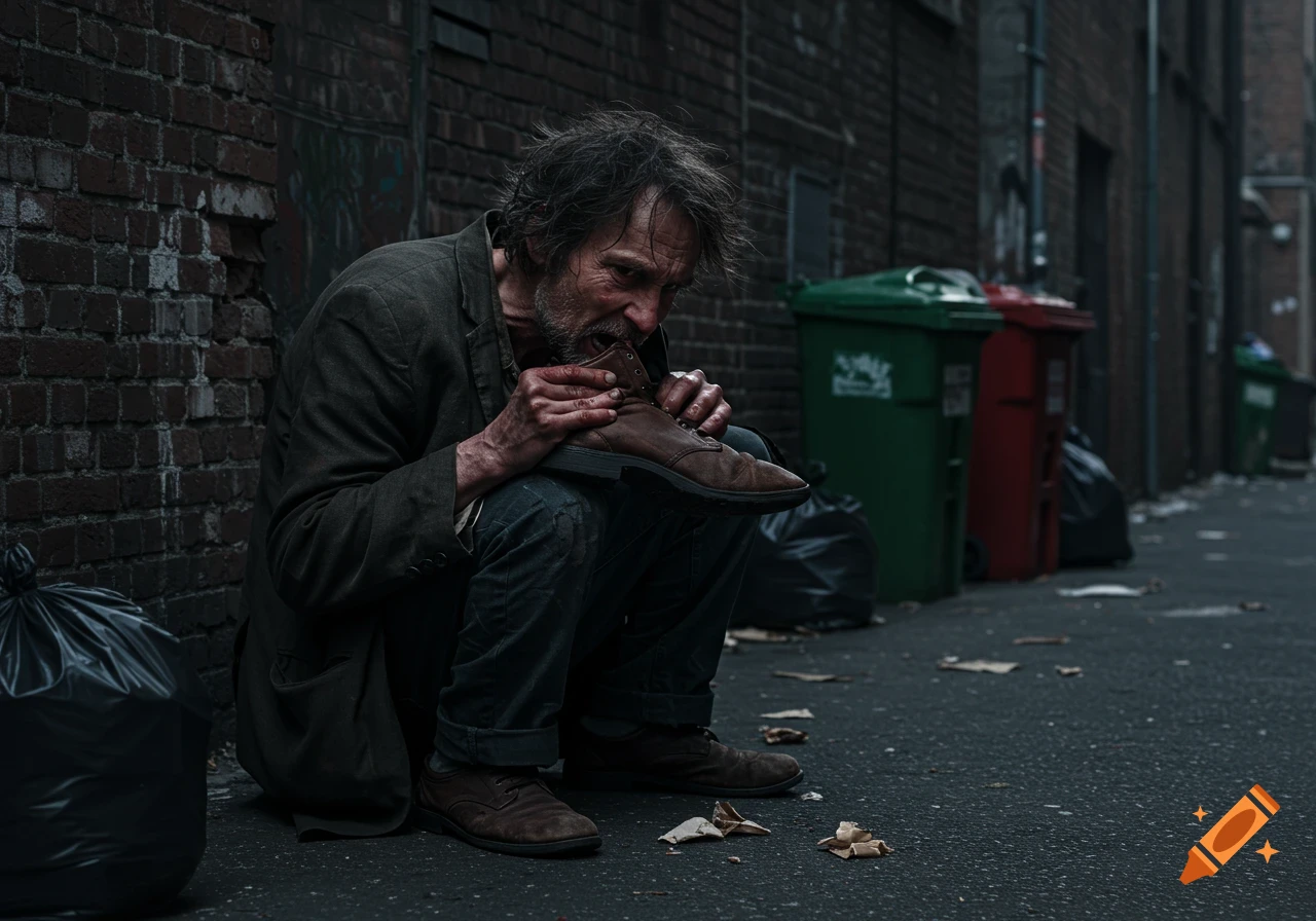 Photorealistic image of a poor person crouching in an alley, biting a shoe.