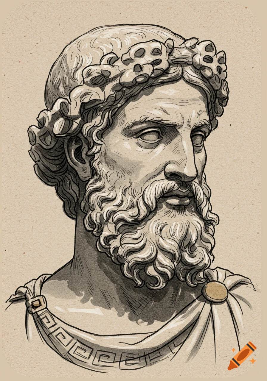 Illustration of a bust of an ancient Greek man with a beard and laurel wreath, on textured paper.