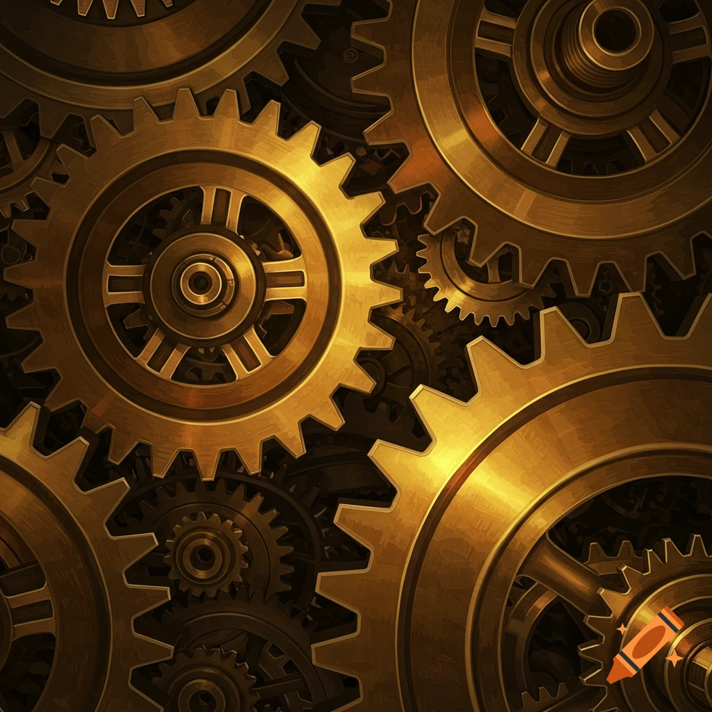 Close-up of intricate golden steampunk cog wheels.