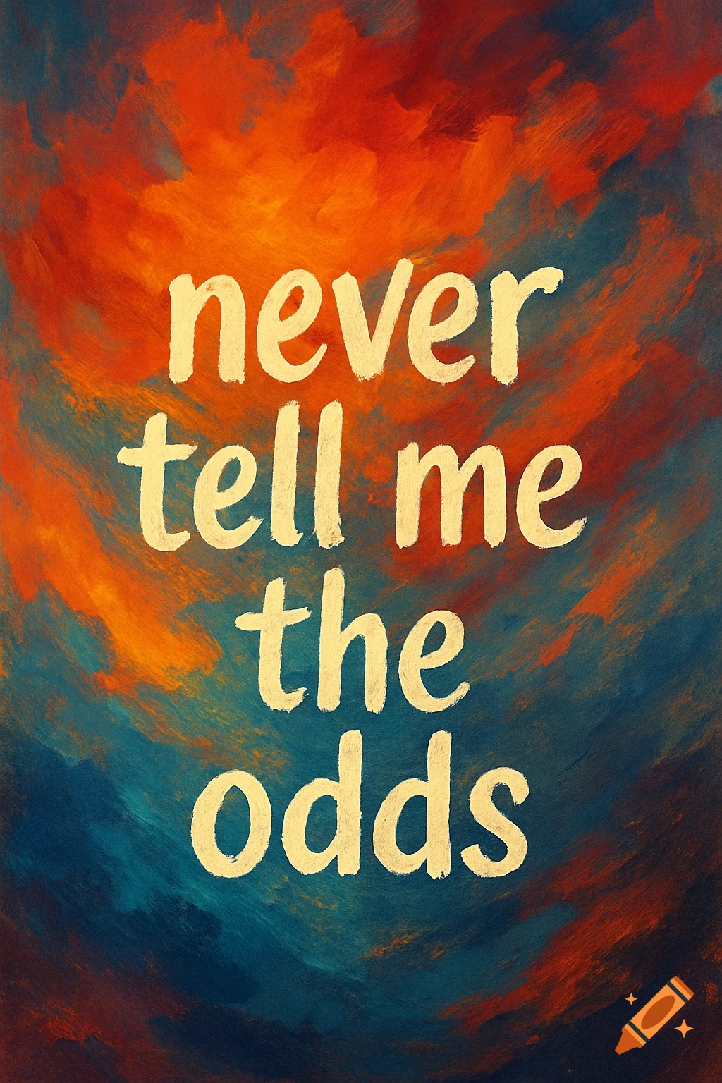 The quote "never tell me the odds" in white text on an abstract background of orange, red, and blue paint strokes.