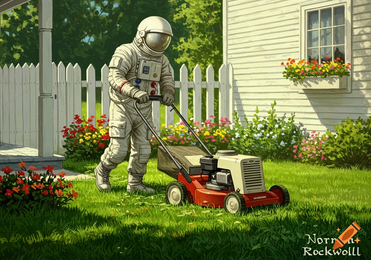An astronaut mows a suburban lawn in the style of Norman Rockwell.