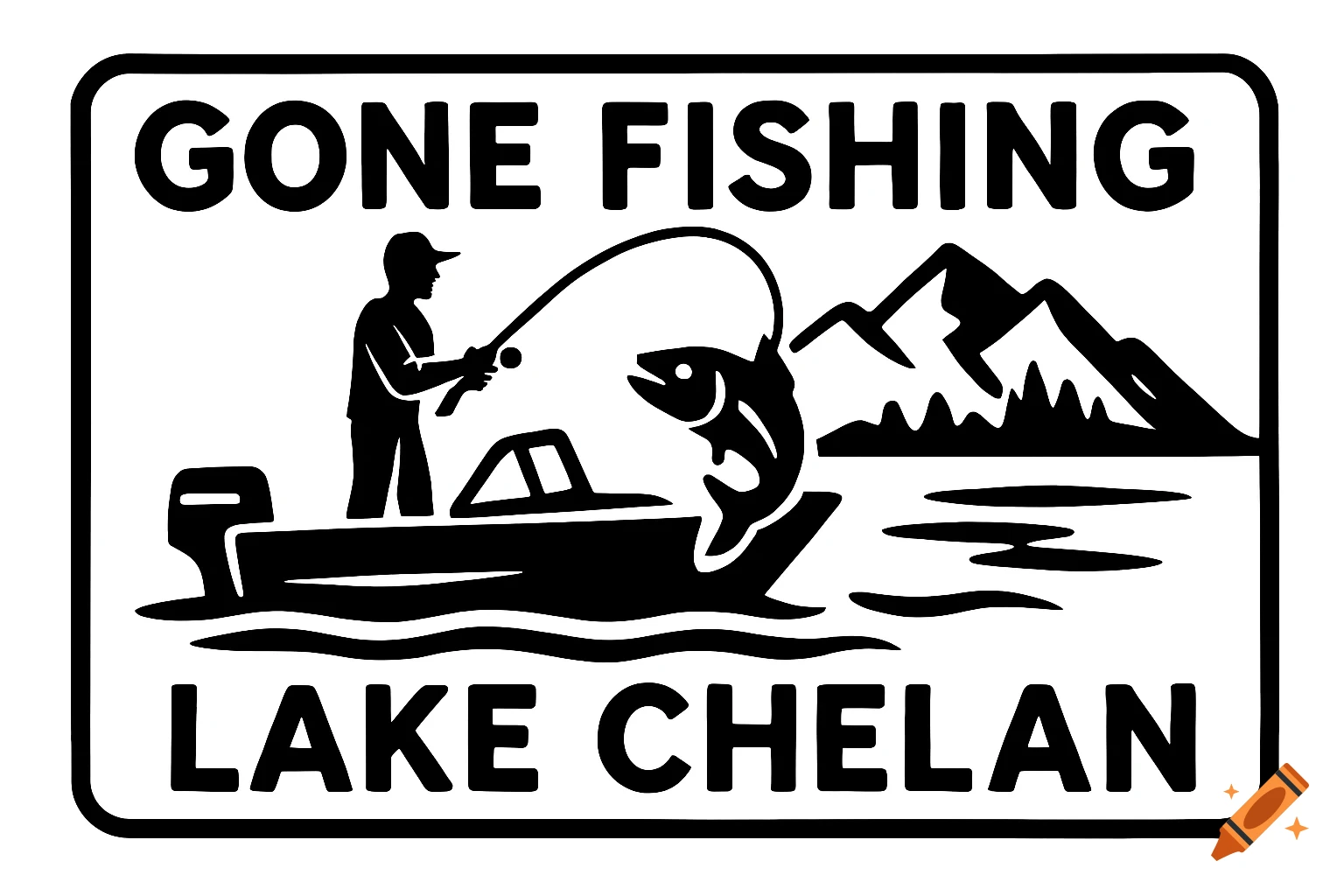 A black silhouette illustration of a person fishing from a boat on a lake with mountains. Text reads "GONE FISHING LAKE CHELAN".