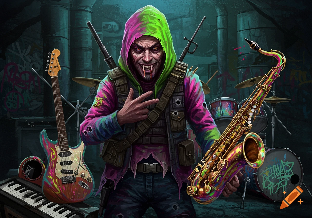 Zombie-like creature in vibrant hoodie holds a saxophone, standing with a guitar and drums in a dark, grungy setting.