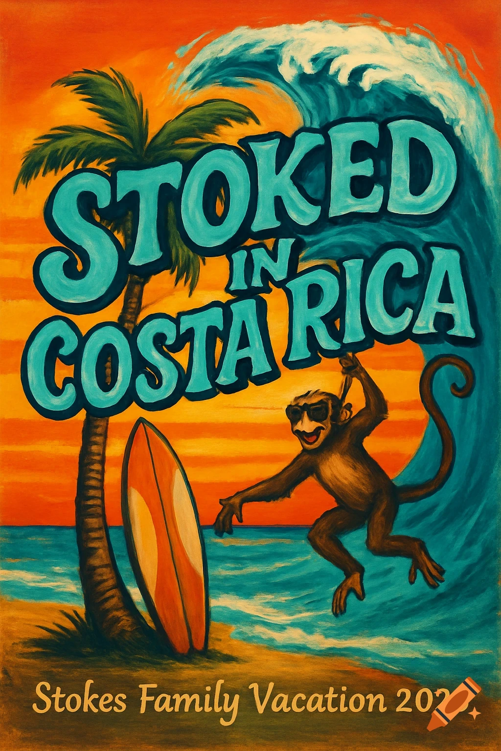 Retro-style poster with STOKED IN COSTA RICA text, monkey with sunglasses, surfboard, palm tree on a beach.