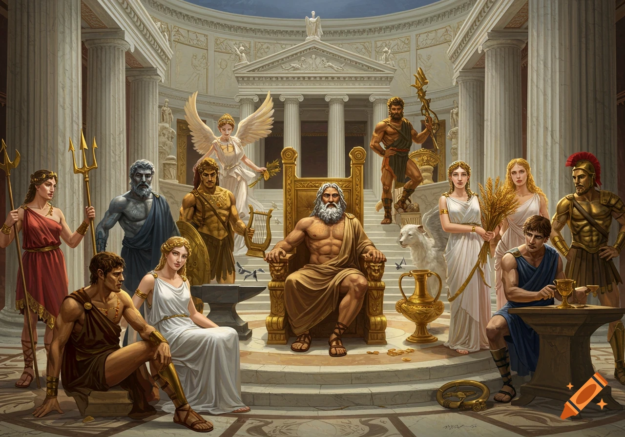 Greek gods gathered in the pantheon, including Zeus on a throne.