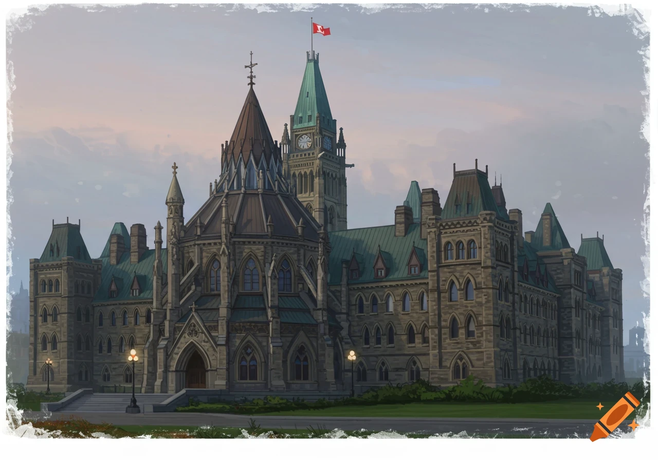 Painting of the Parliament buildings in Ottawa, Canada.