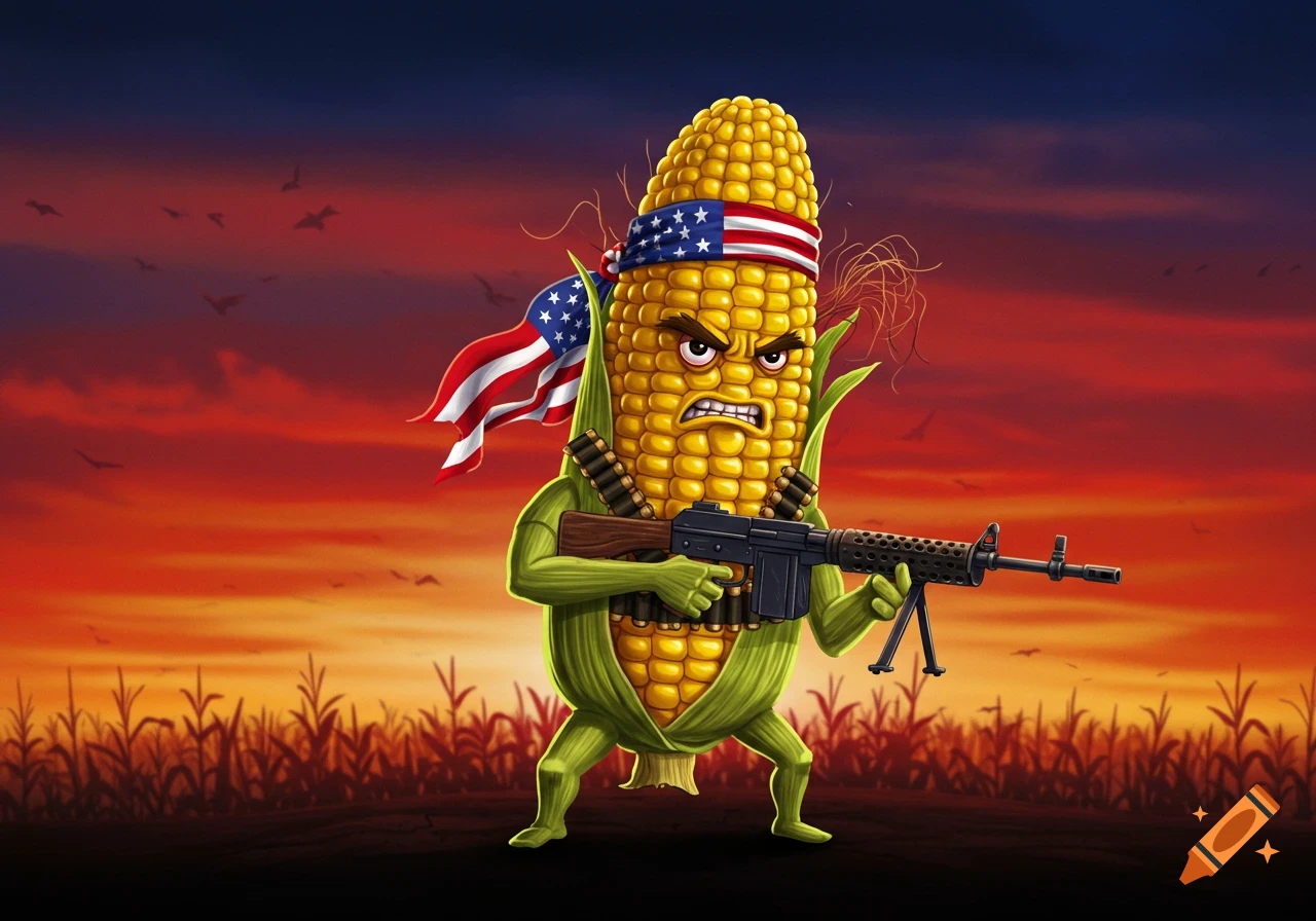 Angry cartoon corn cob character dressed as Rambo, wearing an American ...