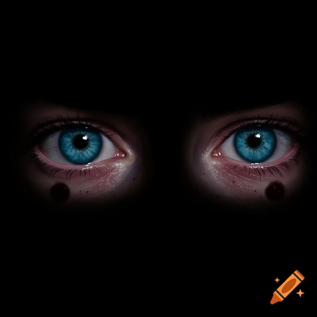 Close-up illustration of blue eyes in darkness with dark marks below them
