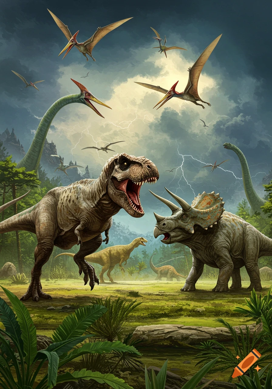 A Tyrannosaurus Rex and Triceratops face off in a prehistoric landscape with lightning and Pterodactyls flying overhead.