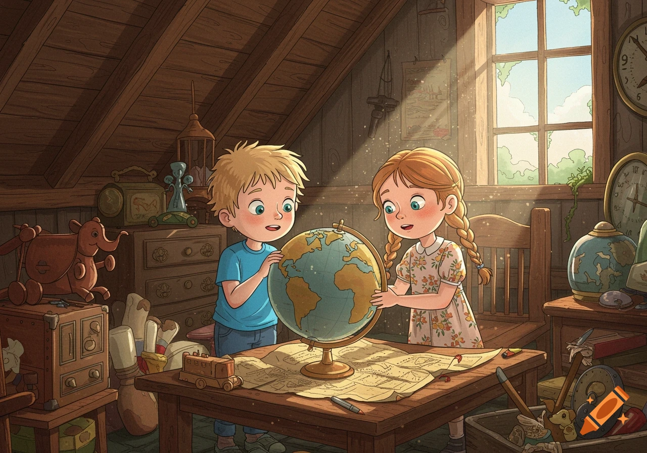 Cartoon of a boy and girl looking at a globe in a sunlit attic filled with old objects.