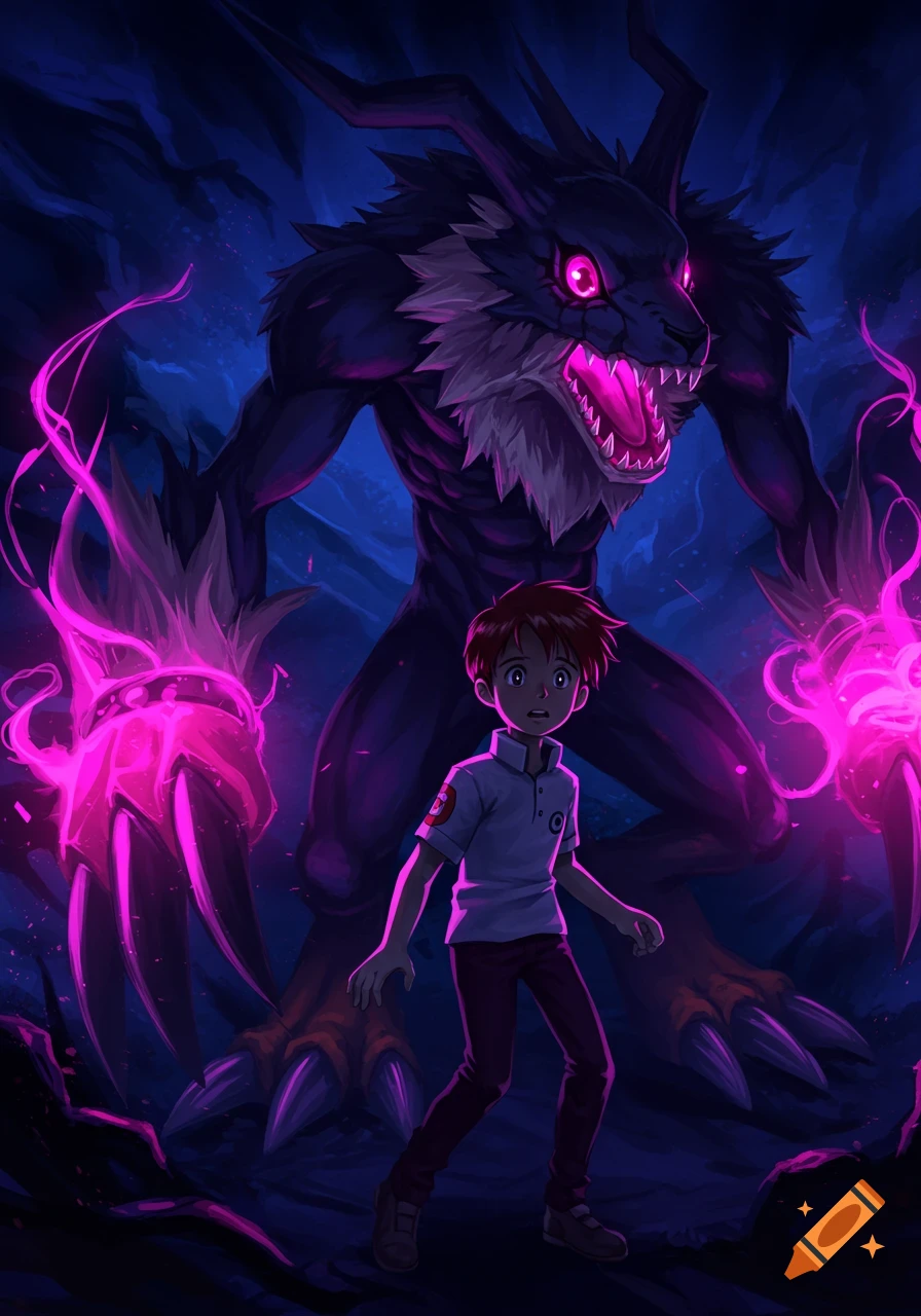 Illustration of a boy facing a large, dark monster with glowing pink eyes and claws in a dark setting.