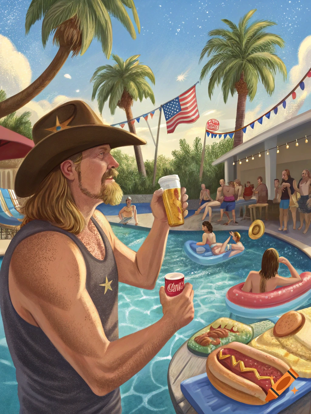 Man in cowboy hat at a poolside party with people, food, and drinks. Illustration.