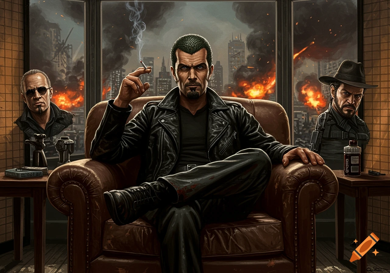 Illustration of Snake Plissken and two associates sitting in a room overlooking an apocalyptic city with fire and smoke.