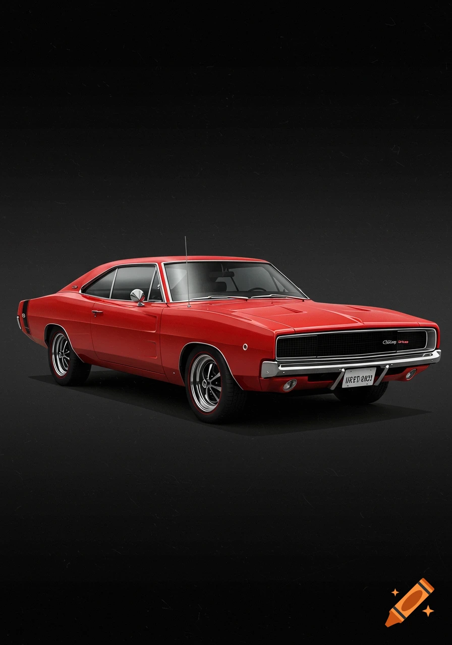 A red 1968 Dodge Charger is parked against a dark background.