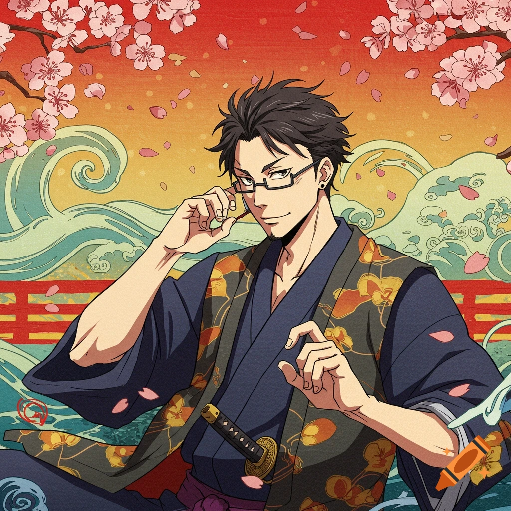 Anime man in glasses and traditional Japanese clothing with a sword against a background of cherry blossoms and ukiyo-e waves.