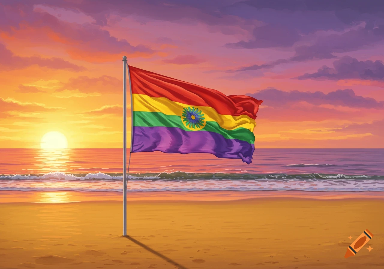 Colorful striped flag with a flower symbol waving on a beach at sunset.