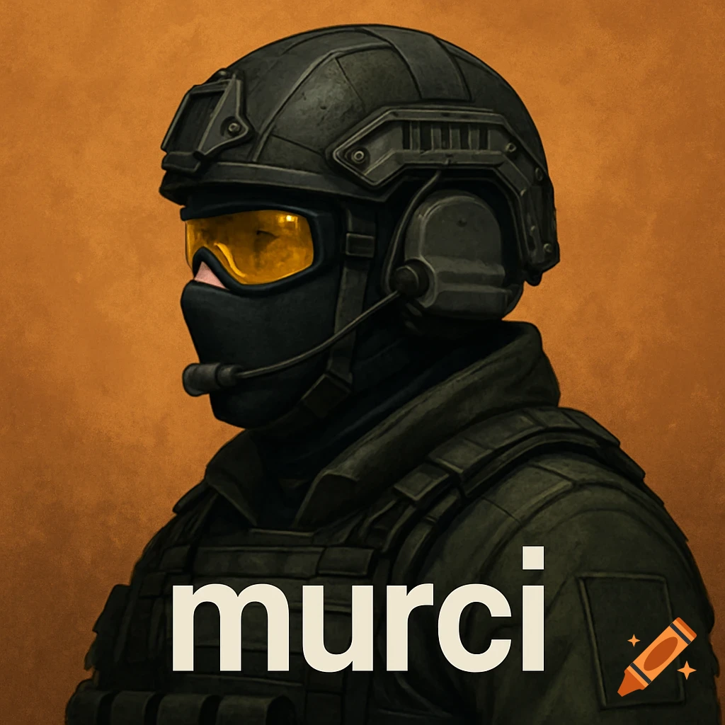 A person in tactical gear, helmet, and goggles, with the name 'murci' written below.