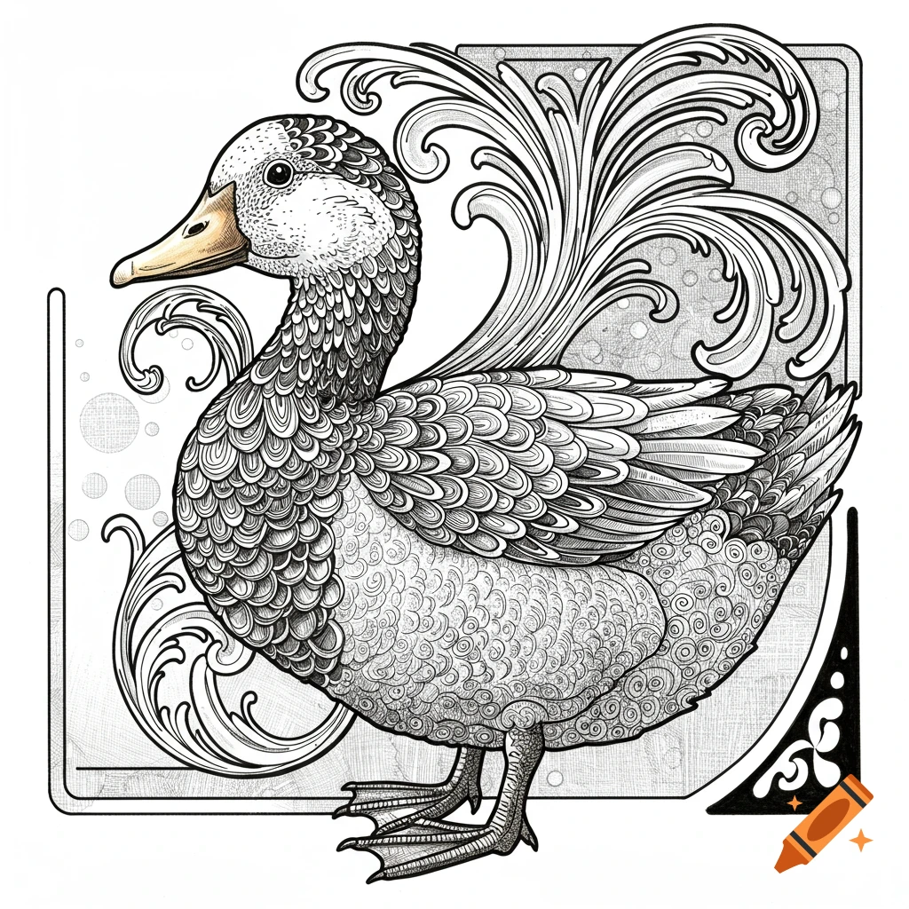 Black and white drawing of a duck with Art Nouveau style decorative elements