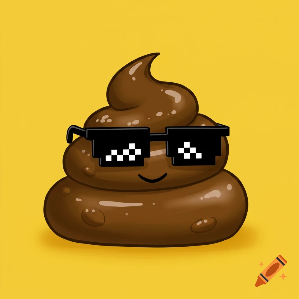 A cartoon poop emoji wearing black pixelated sunglasses.