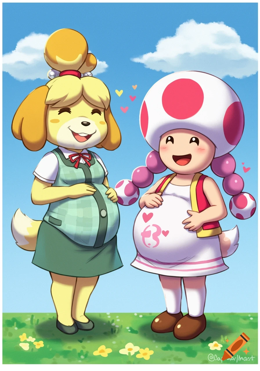 Cartoon illustration of pregnant Isabelle from Animal Crossing and Toadette from Mario standing side-by-side in a field.