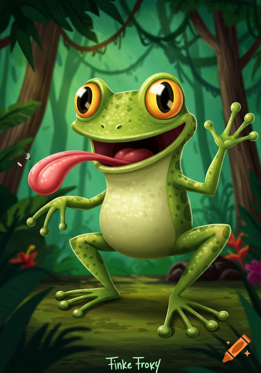 Cartoon illustration of a green frog in a jungle, sticking out its tongue and waving.