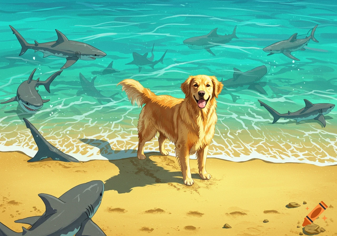 Illustrative image of a golden retriever dog standing on a beach surrounded by sharks in the water.