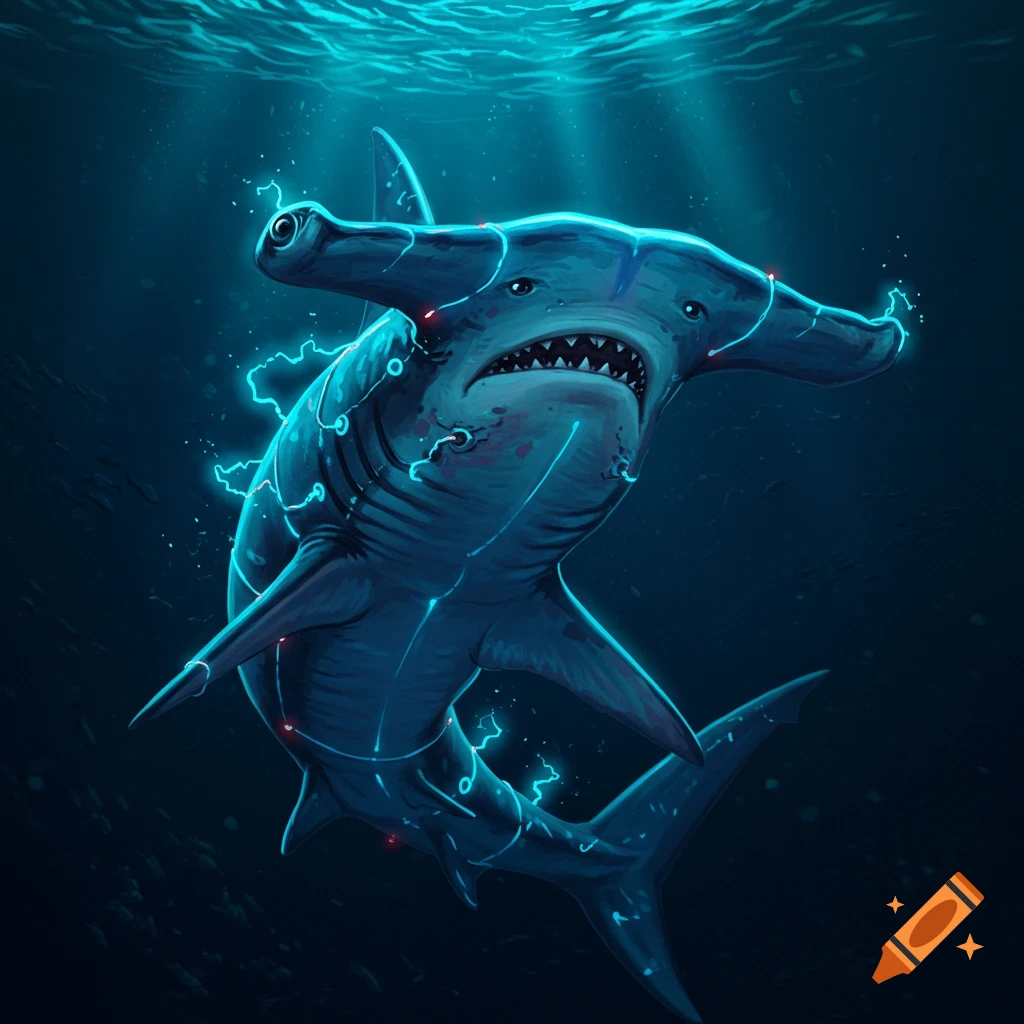An electric hammerhead shark glows with blue lightning underwater.