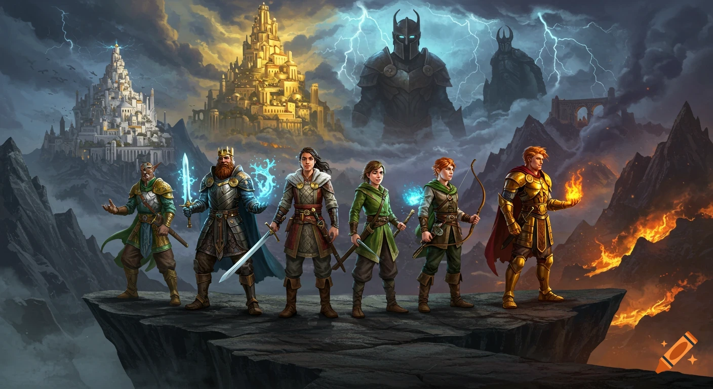 Six fantasy heroes stand on a cliff overlooking cities and monsters in ...